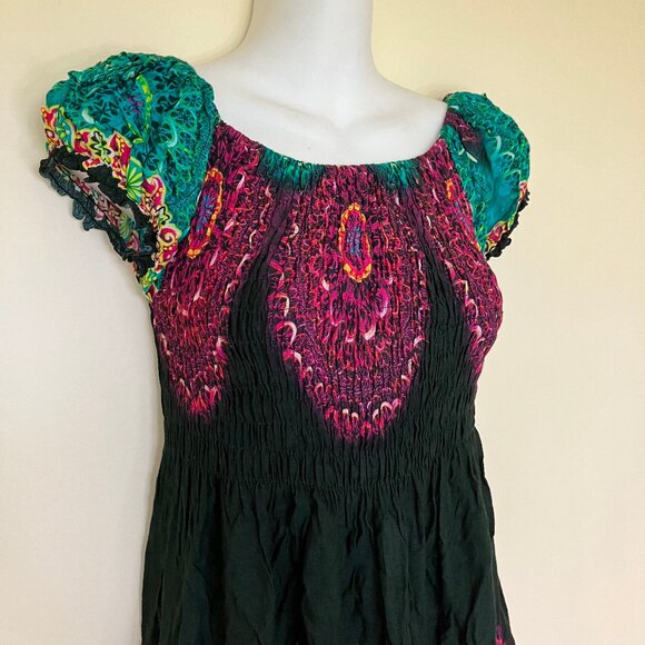 Boho Peasant Maxi Dress Cap Sleeve Mandala Print Smocked Bodice One Size Reg - Picture 2 of 5
